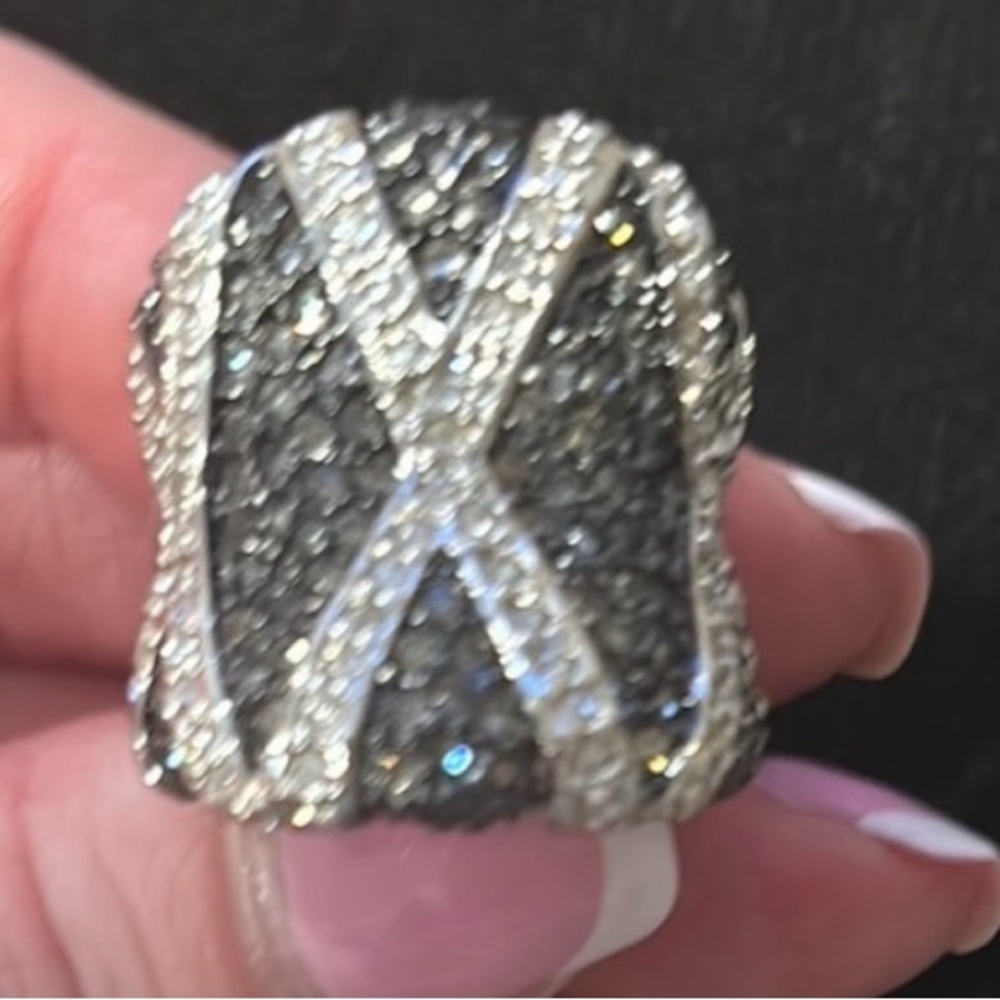 Silver and Black Criss-Cross Ring with Sparkling Stones